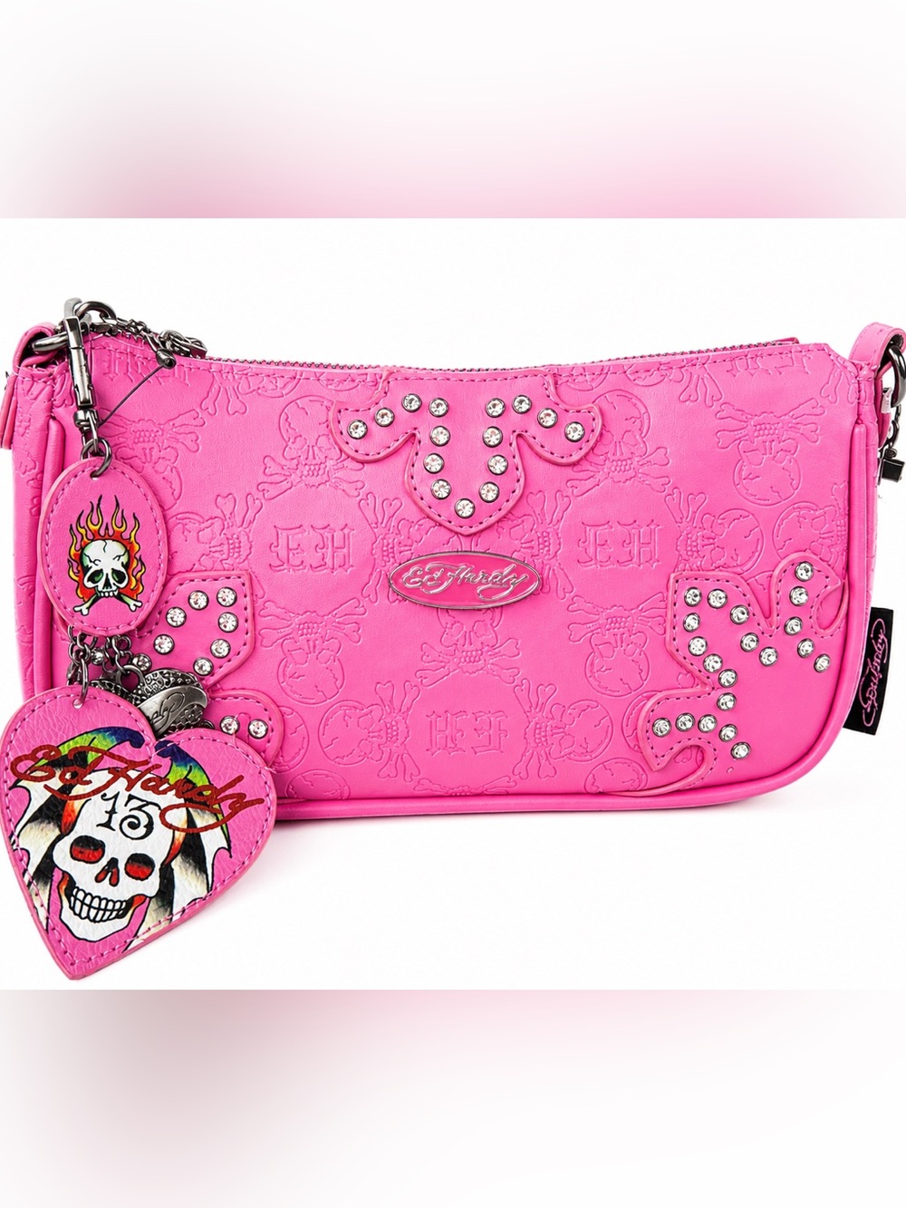 Ed Hardy Hot Pink Embossed Crystal Accent Wristlet